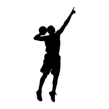 Bir basketbol oyuncusunun siyah silueti havada yakalanır, bir elinde bir top, diğerinde yukarı doğru uzanmış bir şekilde zıplar. Şekil, dinamik duruşu ve atletik hareketi vurgulayan düz beyaz bir arkaplan üzerine tasvir ediliyor. Th