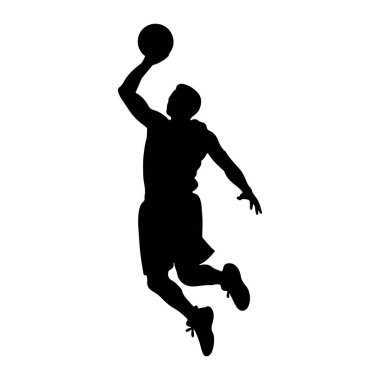 Bir basketbol oyuncusunun siyah silueti havada tasvir edilir, atlama hareketinin dinamik hareketleriyle yakalanır. Oyuncu kafasının üstünde basket topu tutuyor, atış için hazır ya da smaç için. Şekil düz beyaz bir arkaplan karşısında gösterilir, vurgula