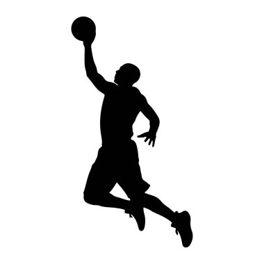 Havada bir erkek basketbolcunun silüeti, basket topunu tutmak için uzanıyor. Oyuncu şort ve atletik ayakkabılar giyiyor, dinamik bir atlama pozuyla beyaz bir arka plana yakalanıyor..