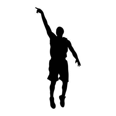 Havada uçan bir erkek basketbolcunun silüeti, dinamik bir şekilde zıplıyor. Sağ kolu yukarı doğru uzanmış, sol kolu dirsekten bükülmüş. Şort giyiyor ve ateş ediyor gibi görünüyor. 