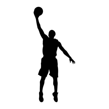 Bir basketbol oyuncusunun siyah silueti havada yakalanır ve kafalarının üstünde bir basketbol topuyla zıplar. Oyuncu şort giyiyor ve ateş ediyor ya da smaç basıyor gibi görünüyor. Arka plan bembeyaz. Açık ve net. 