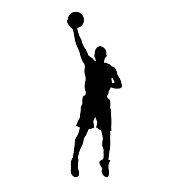 Siyah bir erkek basketbolcunun silueti havada yakalanıyor, basket oynamak için zıplıyor. Oyuncu şort giyiyor ve smaç ya da zıplama atışı yapıyor gibi görünüyor. Arka plan düz beyaz, dinamik duruşu vurguluyor ve...