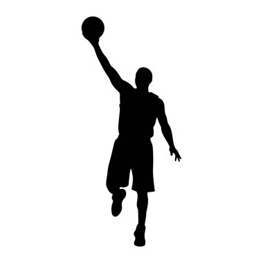 Siyah bir siluet, sağ kolu açık bir basketbol topunu kafasının üstünde tutuyor. Bu figür atletik şort ve forma giyiyor, bir bacağı bükülmüş ve diğeri aşağı doğru uzanıyor, bu da bas 'a atlamak ya da smaç basmak anlamına geliyor.