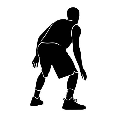 Bir basketbol oyuncusunun siyah silueti savunma duruşunda resmedilir. Oyuncu bir forma ve şort giyiyor, çorapları ve spor ayakkabıları var. Şeklin ana hatları düz beyaz bir arkaplana karşı keskindir, dinamik duruşu vurgular.