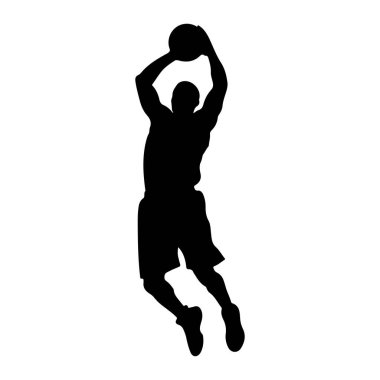 Havada bir basketbol oyuncusunun silueti, kafalarının üstünde bir basketbol topu tutuyor, atış ya da smaç yapıyor gibi görünüyor. Şort ve spor ayakkabısı giyiyor. Arkaplan düz beyaz.