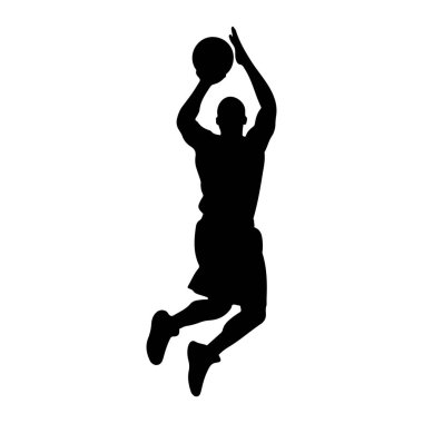 Bir erkek basketbolcunun siyah silueti havada tasvir edilir, bir zıplama atışının dinamik hareketiyle yakalanır. Oyuncu, sağ kolu açık bir basketbol topunu başının üstünde tutuyor ve topu bırakmaya hazırlanıyor. Vücutları açılı!
