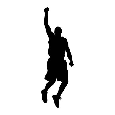 Siyah bir basketbol oyuncusu silueti havada, bir kolu yukarıda ve diğeri bükülmüş. Oyuncu şort ve atletik ayakkabılar giyiyor, dinamik bir atlama pozuyla beyaz bir arka plana yakalanıyor..