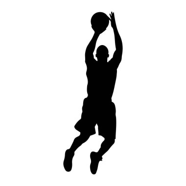 Bir basketbol oyuncusunun siyah silueti havada top atmak için zıplarken tasvir edilir. Oyuncu şort ve spor ayakkabı giyiyor. Top oyuncunun kafasının üstünde, atışa hazır. Arkaplan bembeyaz, görüntüyü izole ediyor.