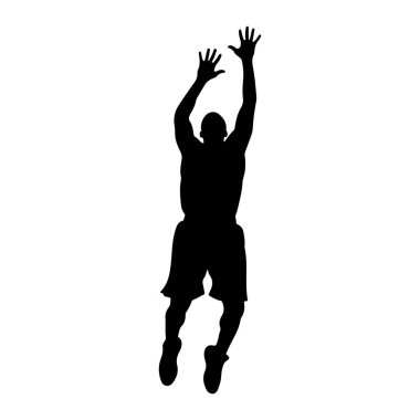Bir basketbol oyuncusunun siyah silueti havada tasvir edilir, kolları yukarı doğru uzanır. Şort ve spor ayakkabısı giyiyor. Arka plan bembeyaz, sporcunun dinamik duruşunu vurguluyor..