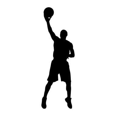 Bir erkek basketbolcunun siyah silueti havada tasvir edilir, başının üzerinde tutulan bir basketbol topuyla zıplar. Şort giyiyor ve ateş ediyor ya da smaç basıyor gibi görünüyor. Arkaplan düz beyaz.