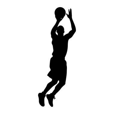 Siyah bir siluet, havada zıplayarak basket topuna atlayan bir insan. Şort ve spor ayakkabısı giyiyor. Top bir eliyle başının üstünde tutulurken, diğer kolu yukarıda tutulur. Arkaplan düz beyaz.