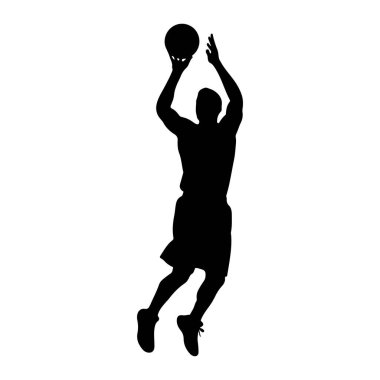 Havada basketbol oynamaya hazırlanan siyah bir erkek basketbolcunun silüeti. Oyuncu şort ve spor ayakkabı giyiyor. Arkaplan düz beyaz.