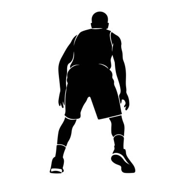 Arkadan görülen siyah bir erkek basketbolcunun silueti. Forma, şort, çorap ve spor ayakkabısı giyiyor. Oyuncu, dizleri bükük ve kolları hafifçe açılmış, düşük, hazır bir duruştadır. Görüntü beyaz bir arka grupta izole edilmiştir.
