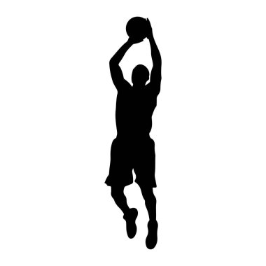 Bir kişinin siyah silueti havanın ortasında bir basket topunu atarken yakalanır. Şort giyen figür, atletik bir duruş sergiliyor ve kolları yukarda topu tutuyor gibi görünüyor. Arka plan bembeyaz, vurgulanıyor.