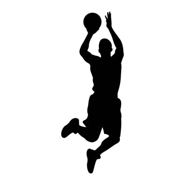 Bir basketbol oyuncusunun siyah silueti havada tasvir edilir, bir zıplama atışının dinamik hareketiyle yakalanır. Oyuncu bir eliyle bir basket topunu başının üstünde tutarken, diğer kolu havaya kalkmış şekilde atış yapmaya hazırlanıyor. Bacakları...