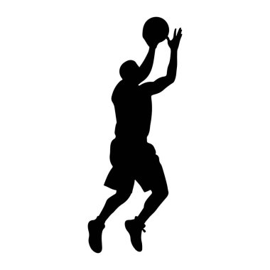 Bir erkek basketbolcunun siyah silueti havada tasvir edilir, atlama hareketinin dinamik hareketleriyle yakalanır. Oyuncu iki eliyle bir basket topunu başının üstünde tutuyor, basket yapmaya ya da smaç basmaya hazırlanıyor. Şort ve atletik giyiyorlar. 