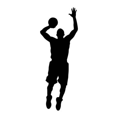 Bir basketbol oyuncusunun siyah silueti havada tasvir edilir, atlama hareketinde yakalanır. Oyuncu bir elinde basket topu tutarken, diğer kolu yukarı doğru uzanıyor. Fiyatı atletik şort giymiş. 
