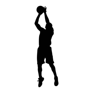 Havada basket oynayan siyah bir oyuncunun silueti basket topunu vuruyor. Oyuncu şort ve spor ayakkabı giyiyor. Arkaplan düz beyaz.