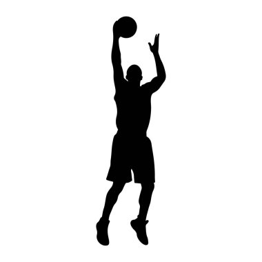 Havada bir basketbol oyuncusunun siyah silueti, kafalarının üstünde bir basketbol topu tutuyor ve atış yapmaya hazırlanıyor. Oyuncu şort ve spor ayakkabı giyiyor. Arkaplan düz beyaz.