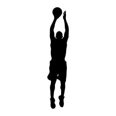 Havada basket oynamaya hazırlanan siyah bir basketbolcunun silüeti. Oyuncu şort ve spor ayakkabı giyiyor. Arkaplan düz beyaz.