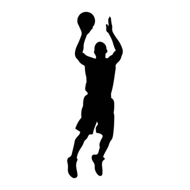 Havada bir basketbol oyuncusunun siyah silueti, kafalarının üstünde bir basketbol topu tutuyor ve atış yapmaya hazırlanıyor. Oyuncu şort ve tişört giyiyor. Arkaplan düz beyaz.