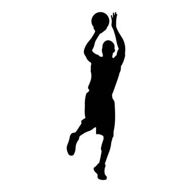 Siyah bir basketbol oyuncusu silueti havada, kafasının üstünde basketbol topunu tutuyor, atış yapmaya hazırlanıyor. Oyuncu şort ve bir bacağı bükülmüş bir forma giyiyor ve diğeri uzatılmış. Arka plan bembeyaz..