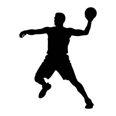 Hareketin ortasında siyah siluet bir erkek figürü, topu fırlatıyor gibi görünüyor. Şekil, şort ve forma giyen atletik yapıyla tasvir ediliyor. Poz dinamik bir hareketi işaret ediyor, bir kolu havaya kalkmış ve bacakları eğilmiş gibi.