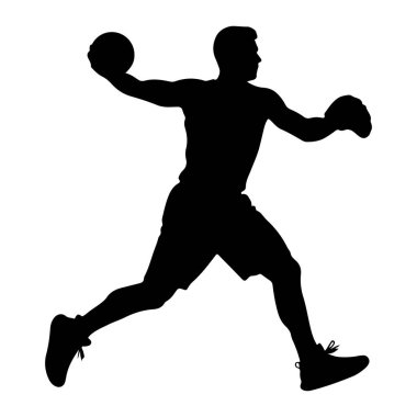 Siyahi bir atlet silueti, top fırlatan bir erkek atlet. O şort ve spor ayakkabılar giyiyor, vücudu dinamik bir pozda bükülmüş, hareket ve gücü işaret ediyor. Arkaplan düz beyaz.