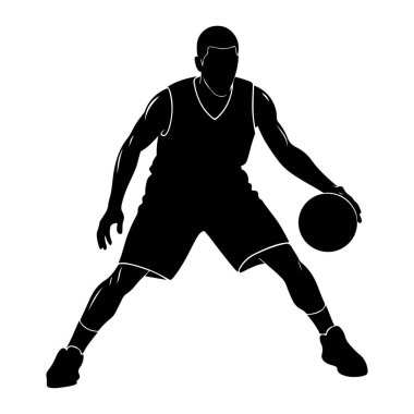 Basketbol oynayan bir erkek basketbolcunun silüeti. Oyuncu kolsuz bir forma ve şort giyiyor ve spor ayakkabıları var. Üniforma ve ayakkabıların ana hatları ince beyaz bir çizgi ile işaretlenmiş. Oyuncu Stan.