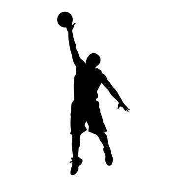 Havadaki bir basketbol oyuncusunun siyah silueti, basketbol topunu batırmak için tek koluyla uzanıyor. Oyuncu şort ve spor ayakkabı giyiyor. Arka plan düz beyaz, sporcunun hareketlerini ve dinamik duruşunu vurguluyor..