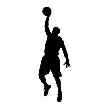 Bir basketbol oyuncusunun silueti havada smaçlamak için uzanıyor. Oyuncu şort ve spor ayakkabı giyiyor. Arkaplan düz beyaz.