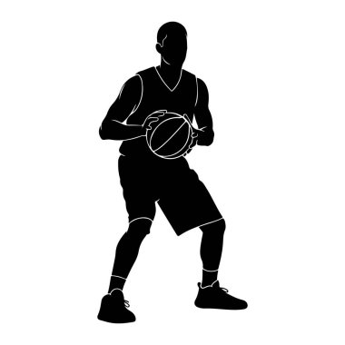 Beyaz arka planda siyah bir erkek basketbolcu silueti tasvir edilir. Belden aşağısı gösteriliyor, iki eli vücudunun önünde bir basketbol topu tutuyor. Oyuncu forma, şort ve spor ayakkabısı giyiyor. Duruşu 