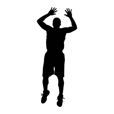 Siyah bir siluet, beyaz bir arka plana doğru atlayış yaparken görüntülenir. Şort ve spor ayakkabıları giyen figür, kolları yukarı ve elleri açık, parmakları açık. Poz, ulaşma, kutlama ya da...