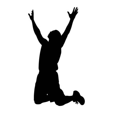 Siyah bir insan silueti kollarını başının üstüne kaldırarak havada yakalanır. Şekil bir dizinin üzerinde, atlama ya da düşme hareketli bir duruş izlenimi veriyor. Siluet düz beyaz bir arkaplan üzerinde durmaktadır.