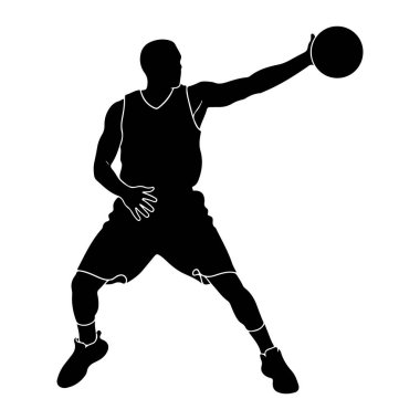 Bir basketbol oyuncusunun siyah silueti, sağ kolları açık bir basketbol topunu kafalarının üstünde tutuyor. Oyuncu, forma, şort ve spor ayakkabıları da dahil olmak üzere basketbol forması giyiyor. Siluet karşımızda duruyor.