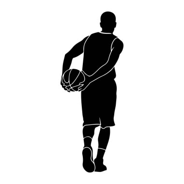 Arkadan görülen siyah siluet bir erkek basketbolcu, iki eli arkasında bir basketbol topu tutuyor. O bir forma, şort ve çorap giyiyor. Formunun ve basketbolun ana hatları beyaz bir taşralıya karşı açıkça belirtilmiş.