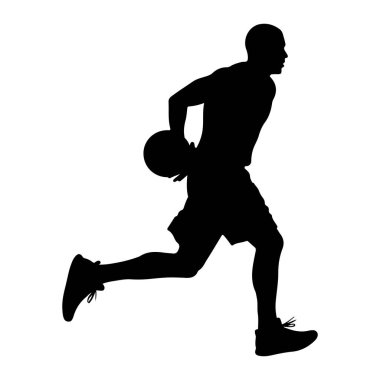 Beyaz arka planda hareket eden bir erkek basketbolcunun siyah silueti tasvir edilir. Oyuncu yandan gösteriliyor, orta adım, bir bacağı önde ve diğeri eğik. Sol eli arkasında bir basketbol topu tutuyor.