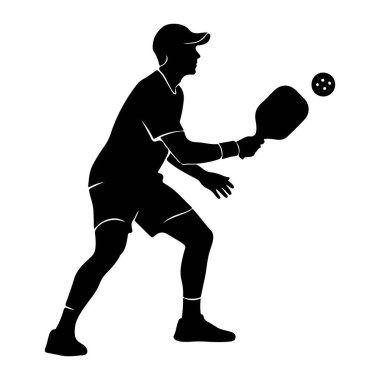 Profilde, kep, tişört, şort ve ayakkabılı çorap giyen siyah bir atletin silüeti, orta sahada pikselbol oynarken yakalanır. Atlet, yukarıda ve sağda gösterilen bir topa vurmak için raket sallıyor.