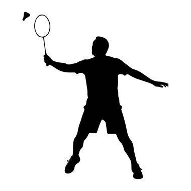 Bir badminton oyuncusunun siyah silueti, hareket halinde, salıncakta sallanırken, raketle bir mekik horozuna vururken. Oyuncu şort ve tişört giyiyor, vücudu açılı ve kolları açık. Mekik horozu vurulduktan hemen sonra havada görünüyor. T