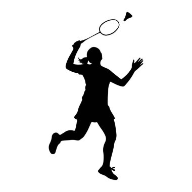 Hareket halindeki bir bayan badminton oyuncusunun siyah silueti raketle sallanırken havada bir mekik horozuna çarpıyor. Oyuncu atkuyruklu bir etek ve atletik ayakkabılar giyiyor. Arkaplan düz beyaz.