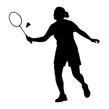 Kadın bir badminton oyuncusunun siyah silueti iş başında. Salıncağın ortasında, elinde raketle bir mekikçiye çarpmak üzere. Oyuncu şort ve saçları arkadan bağlanmış bir tişört giyiyor. Arkaplan düz beyaz.