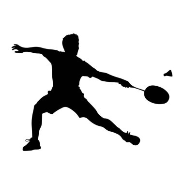 Bir erkek badminton oyuncusunun siyah silueti, bir mekik sikine vurmak için raket sallıyor. Oyuncu dinamik bir pozisyonda, bir bacağı uzamış ve vücut öne eğiliyor, bu da güçlü bir atış olduğunu gösteriyor. Mekik horozu Hawaii 'de görülebilir.