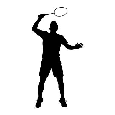 Badminton oynayan bir kişinin siyah silueti beyaz arka planda resmedilir. Oyuncu havada, kafalarının üstünde bir raketle mekiklere çarpmak için sıçradı. Tişört ve şort giyiyorlar, spor ayakkabıları var.