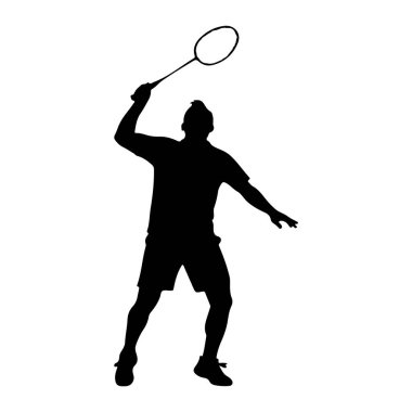Siyah bir badminton oyuncusunun silueti. Başının üstünde bir raketle salıncakta sallanıyor ve bir mekik sikine vurmaya hazırlanıyor. Oyuncu şort ve bacakları dinamik bir pozda bükülmüş bir tişört giyiyor. Arkaplan düz beyaz.