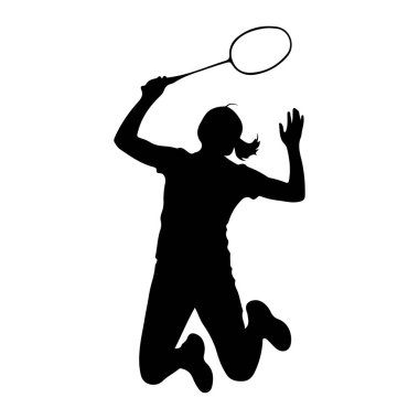 Havanın ortasında, badminton oynarken zıplayan siyah bir siluet. Başının üstünde, vurmaya hazır bir badminton raketi tutuyor. Vücutları dinamik bir pozisyonda, bacakları bükük ve kolları açık. Siluet simsiyah.