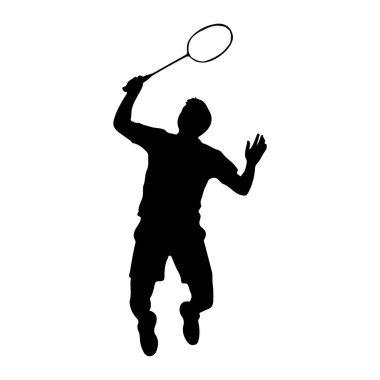 Havada uçan bir kişinin silueti, badminton raketiyle bir mekik sikine çarpmak için zıplıyor. Oyuncu şort ve kolları havada ve bacakları bükülmüş bir tişört giyiyor. Arkaplan düz beyaz.