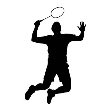 Havada bir badminton oyuncusunun siyah silueti, bir mekik sikine vurmak için raket sallıyor. Oyuncu dinamik bir pozla yakalanır, bir kolu raketi yukarı doğru uzatır ve diğer kolu denge için açılır. Bacakları bükülmüş.