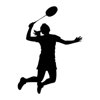 Havada uçan bir badminton oyuncusunun siyah silueti, atlayış sırasında yakalanmış. Kafasının üstünde bir badminton raketi sallıyor, bir mekik horozuna vurmaya hazırlanıyor. Vücudu açılı, bir bacağı bükülmüş, diğeri ise genişlemiş, bir tür... 