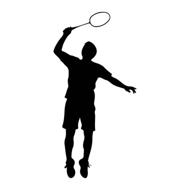 Bir erkek badminton oyuncusunun siyah silueti havada tasvir edilir, bir mekik sikine çarpmak için atlama hareketinin dinamik hareketine yakalanır. Oyuncu kafasının üstünde güçlü bir atış yapmak için hazır bir badminton raketi tutuyor. Şort giyiyorlar.