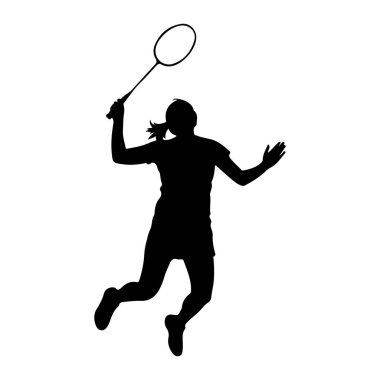 Havada uçan bir badminton oyuncusunun siyah silueti raketiyle bir mekikçiye çarpmak için zıplıyor. Vücudu açılı, bir kolu raketi tutarak yukarı doğru uzanıyor ve diğer kolu denge için uzanıyor. Atletik kıyafetler giyiyor.